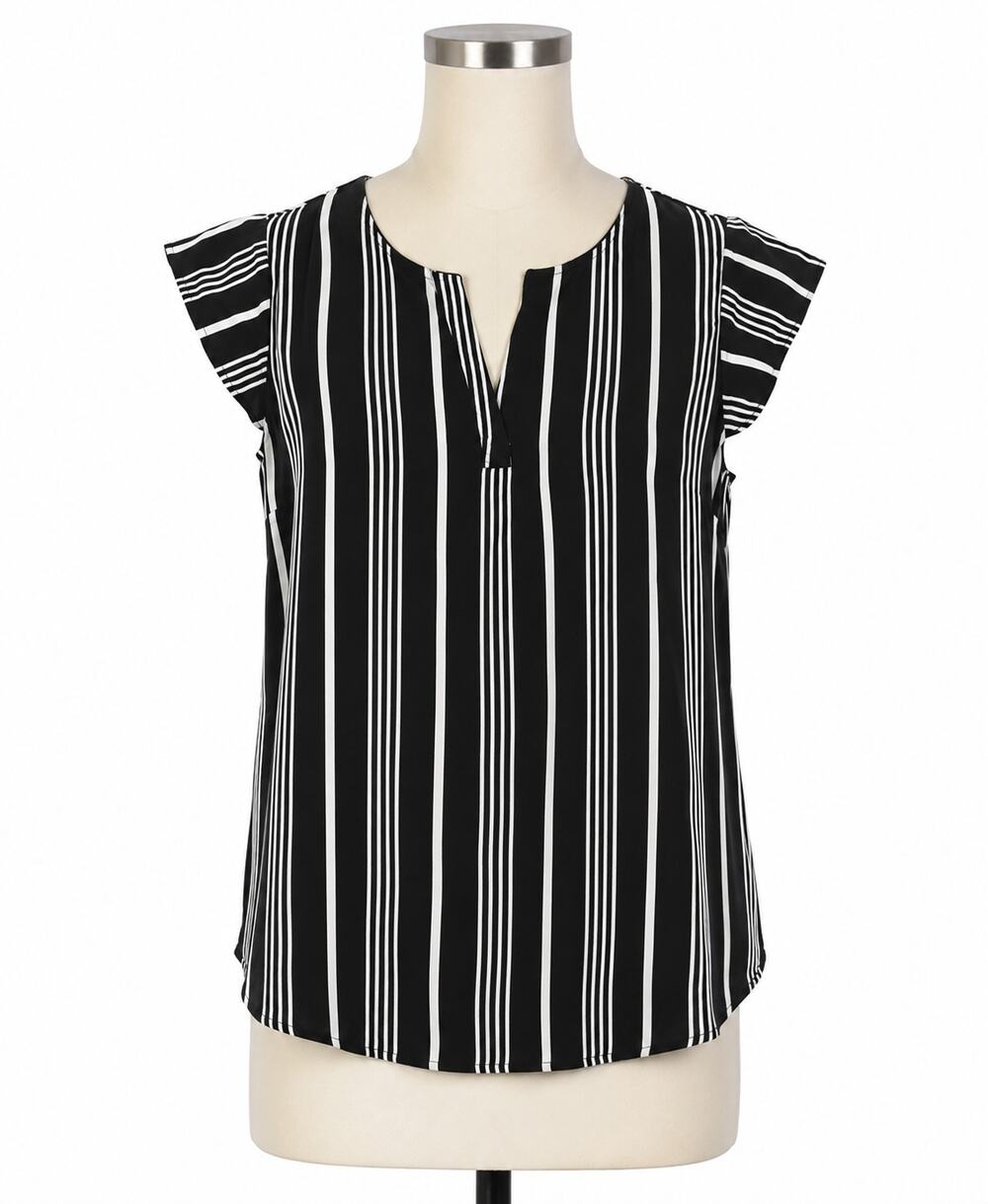 Rose & Thyme Women's Black White Striped Flutter Sleeve Blouse Top Size XL